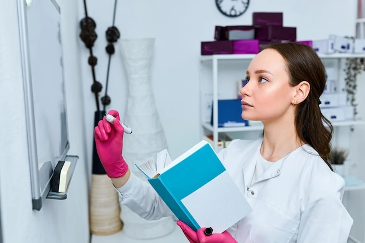 Młoda kosmetolog w gabinecie kosmetycznym ucząca studentów w szkole urody