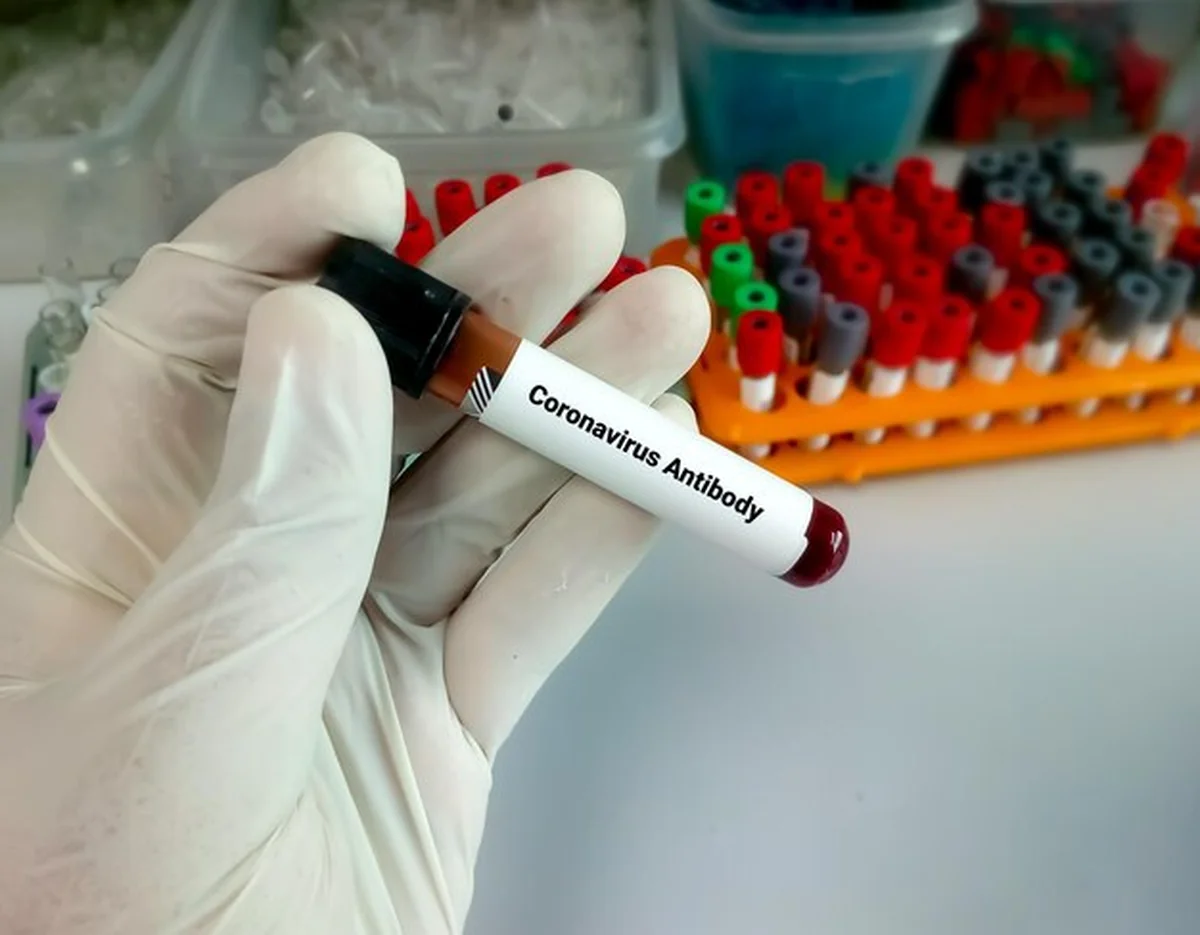 Epidemiolog trzyma probówkę z krwią pacjenta w celu testu na przeciwciała koronawirusa