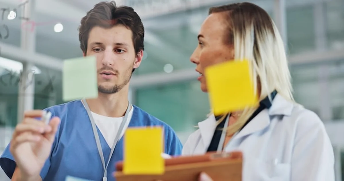 Notatki klejące i burza mózgów na szklanej tablicy w pracy medycznej